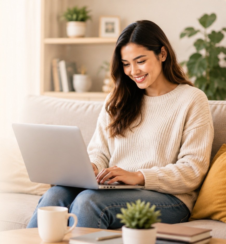 Woman using a laptop at home